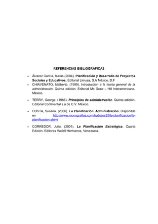 REFERENCIAS BIBLIOGRÁFICAS
• Álvarez García, Isaías (2004). Planificación y Desarrollo de Proyectos
Sociales y Educativos. Editorial Limusa, S.A México, D.F
• CHIAVENATO, Idalberto. (1999). Introducción a la teoría general de la
administración. Quinta edición. Editorial Mc Graw – Hill Interamericana.
México.
• TERRY, George. (1986). Principios de administración. Quinta edición.
Editorial Continental s.a de C.V. México.
• COSTA, Susana. (2006). La Planificación. Administración. Disponible
en http://www.monografias.com/trabajos35/la-planificacion/la-
planificacion.shtml
• CORREDOR, Julio. (2001). La Planificación Estratégica. Cuarta
Edición. Editores Vadell Hermanos, Venezuela.
 