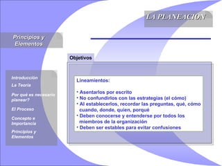 Principios y Elementos LA PLANEACION Introducción La Teoría Por qué es necesario planear? El Proceso Concepto e Importancia Principios y Elementos Objetivos Lineamientos: Asentarlos por escrito No confundirlos con las estrategias (el cómo)  Al establecerlos, recordar las preguntas, qué, cómo cuando, donde, quien, porqué Deben conocerse y entenderse por todos los miembros de la organización Deben ser estables para evitar confusiones 