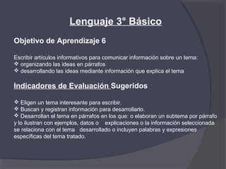 Lenguaje 3° Básico
Objetivo de Aprendizaje 6

Escribir artículos informativos para comunicar información sobre un tema:
 organizando las ideas en párrafos
 desarrollando las ideas mediante información que explica el tema

Indicadores de Evaluación Sugeridos

 Eligen un tema interesante para escribir.
 Buscan y registran información para desarrollarlo.
 Desarrollan el tema en párrafos en los que: o elaboran un subtema por párrafo
y lo ilustran con ejemplos, datos o explicaciones o la información seleccionada
se relaciona con el tema desarrollado o incluyen palabras y expresiones
específicas del tema tratado.
 