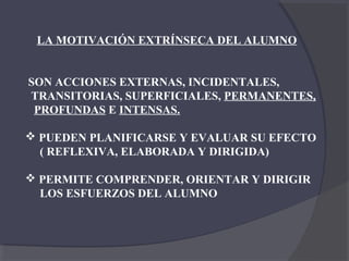 LA MOTIVACIÓN EXTRÍNSECA DEL ALUMNO


SON ACCIONES EXTERNAS, INCIDENTALES,
TRANSITORIAS, SUPERFICIALES, PERMANENTES,
 PROFUNDAS E INTENSAS.

 PUEDEN PLANIFICARSE Y EVALUAR SU EFECTO
  ( REFLEXIVA, ELABORADA Y DIRIGIDA)

 PERMITE COMPRENDER, ORIENTAR Y DIRIGIR
  LOS ESFUERZOS DEL ALUMNO
 