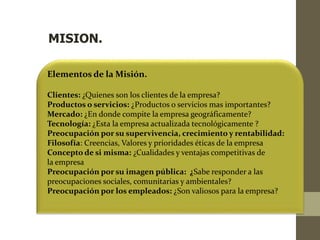 MISION. 
Elementos de la Misión. 
Clientes: ¿Quienes son los clientes de la empresa? 
Productos o servicios: ¿Productos o servicios mas importantes? 
Mercado: ¿En donde compite la empresa geográficamente? 
Tecnología: ¿Esta la empresa actualizada tecnológicamente ? 
Preocupación por su supervivencia, crecimiento y rentabilidad: 
Filosofía: Creencias, Valores y prioridades éticas de la empresa 
Concepto de si misma: ¿Cualidades y ventajas competitivas de 
la empresa 
Preocupación por su imagen pública: ¿Sabe responder a las 
preocupaciones sociales, comunitarias y ambientales? 
Preocupación por los empleados: ¿Son valiosos para la empresa? 
 