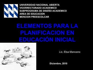 ELEMENTOS PARA LA PLANIFICACION EN EDUCACIÓN INICIAL UNIVERSIDAD NACIONAL ABIERTA VICERRECTORADO ACADEMICO SUBPROGRAMA DE DISEÑO ACADEMICO AREA DE EDUCACION MENCION PREESCOLCAR Lic. Elsa Mancano Diciembre, 2010 
