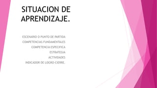 SITUACION DE
APRENDIZAJE.
ESCENARIO O PUNTO DE PARTIDA
COMPETENCIAS FUNDAMENTALES
COMPETENCIA ESPECIFICA
ESTRATEGIA
ACTIVIDADES
INDICADOR DE LOGRO-CIERRE.
 