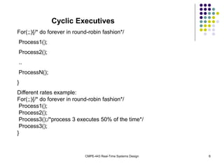 CMPE-443 Real-Time Systems Design 6
Cyclic Executives
For(;;){/* do forever in round-robin fashion*/
Process1();
Process2();
..
ProcessN();
}
Different rates example:
For(;;){/* do forever in round-robin fashion*/
Process1();
Process2();
Process3();/*process 3 executes 50% of the time*/
Process3();
}
 