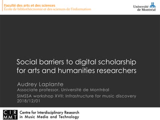 Faculté des arts et des sciences
École de bibliothécnomie et des sciences de l'information
Social barriers to digital scholarship
for arts and humanities researchers
Audrey Laplante
Associate professor, Université de Montréal
SIMSSA workshop XVII: Infrastructure for music discovery
2018/12/01
 