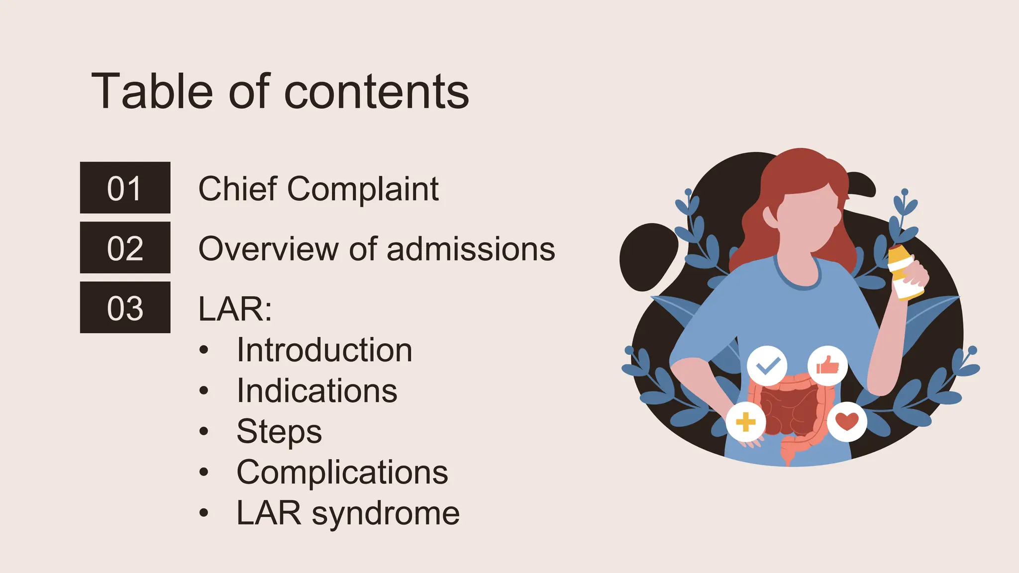 Table of contents
01 Chief Complaint
02 Overview of admissions
03 LAR:
• Introduction
• Indications
• Steps
• Complications
• LAR syndrome
 