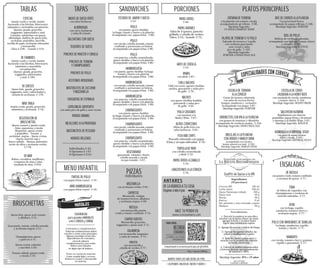 Procedimiento
1- Derretir la manteca en una olla y
mezclar con la harina (hacer un roux),
agregar la leche y revolver hasta
lograr una consistencia espesa.
2- Agregar la cerveza y retirar del fuego.
3- Agregar los quesos rallados, las
yemas y condimentar a gusto.
4- Batir las claras a punto nieve y
mezclar con la preparación anterior
de forma envolvente.
5- Colocar en moldes enmantecados
y hornear durante aproximadamente
30 minutos a 180°c.
Ingredientes
(10 porciones)
Cerveza IPA
Leche entera
Queso Parmesano rallado
Queso azul
Harina
Huevos
Sal, pimienta y nuez moscada
Manteca
100 ml
500 ml
200 g
40 g
80 g
8 un
a gusto
80 g
Maridaje Sugerido: IPA o 15 años
por el Chef
Gonzalo Gallardo
Soufflé de Queso a la IPA
LA RECETA RECOMENDADA
Sorprendé a tus amigos con
ANTARES
DE LAFÁBRICAATU CASA
Llegamosatodoelpaís
HACÉ TU PEDIDO EN
www.cervezaantares.com
ESPECIAL
Jamón crudo y cocido, lomito
horneado a las hierbas, leberwurst,
salamines y mortadela con pistacho.
Quesos: gouda, gruyerito,
reggianito, saborizados y azul.
Cazuelas: salchichas con queso,
albóndigas, daditos de queso frito,
aceitunas, pepinillos, morcilla,
tortilla de papa, aceitunas rebozadas
y mozzarella.
Chica $ 238.- Grande $ 319.-
DE FIAMBRES
Jamón crudo y cocido, lomito
horneado a las hierbas, leberwurst,
salamines y mortadela
con pistacchio.
Quesos: gouda, gruyerito,
reggianito, saborizados
y azul. $ 184.-
DE QUESOS
Queso brie, gouda, gruyerito,
reggianito, azul y saborizados y
cazuela de aceitunas. $ 178.-
MINI TABLA
Jamón crudo, gouda, gruyerito,
salamines y aceitunas. $ 70.-
DEGUSTACIÓN DE
BRUSCHETTAS
- Queso, tomate y jamón crudo.
- Atún, mayonesa y rúcula
- Roquefort, queso crema
y pepinillos. - Tomate y
aceitunas negras. - Queso crema,
choclo, morrón rojo y
huevo rallado. - Humus, pimentón,
aceite de oliva y aceitunas verdes.
$ 178.-
DE MAR
Rabas, cornalitos, mejillones,
croquetas de atún y mini
ensalada de atún. $ 204.-
TABLAS
MOZZARELLA
con aceitunas verdes. $ 65.-
CAPRESSE
Mozzarella, rodajas
de tomates frescos, albahaca
y aceitunas negras. $ 69.-
RÚCULA
con mozzarella, jamón
crudo y tomate confitado. $ 75.-
CUATRO QUESOS
Mozzarella, gruyerito,
reggianito y queso azul. $ 71.-
PANCETA
con mozzarella y
cebolla de verdeo. $ 77.-
CALABRESA
con mozzarella, longaniza
y salsa de tomate. $ 75.-
PIZZAS
Individuales $ 42.-
4 Opciones $ 147.-
6 Opciones $ 210.-
DADOS DE QUESO FRITO
con salsa barbacoa.
ALBÓNDIGAS
con curry, barbacoa
y salsa de tomate.
SALCHICHAS CON QUESO
TEQUEÑOS DE QUESO
PINCHOS DE PANCETAYCIRUELA
PINCHOS DE TERNERA
YCHAMPIGNONES
PINCHOS DE POLLO
ACEITUNAS REBOZADAS
BASTONCITOS DE ZUCCHINI
YMUZZARELLA
CROQUETAS DE ESPINACA
CAPELINADE GRUYERITO
con salsa pico de gallo y sour cream.
PATATAS BRAVAS
MEJILLONES ALAPROVENZAL
BASTONCITOS DE PESCADO
HONGOS RELLENOS
TAPAS
MENÚ INFANTIL
TIRITAS DE POLLO
con papas fritas ó puré. $ 52.-
MINI HAMBURGUESA
con papas fritas ó puré. $ 54.-
TOSTADO DE JAMÓN YQUESO
$ 45-
POLLO
con jamón, queso cheddar,
lechuga, tomate y huevo a la plancha.
Acompañado con papas fritas. $ 86.-
POLLO
$ 86.-
POLLO
con panceta, cebolla caramelizada,
queso cheddar y huevo a la plancha.
Acompañado con papas fritas. $ 86.-
HAMBURGUESA
con jamón, queso cheddar, lechuga,
tomate y huevo a la plancha.
Acompañada con papas fritas. $ 86.-
HAMBURGUESA
$ 86.-
HAMBURGUESA
con panceta, cebolla caramelizada,
queso cheddar y huevo a la plancha.
Acompañado con papas fritas. $ 86.-
CHURRASQUITO
con jamón, queso cheddar,
lechuga, tomate y huevo a la plancha.
Acompañada con papas fritas. $ 86.-
CHURRASQUITO
con rúcula, cebolla morada, tomate
confitado y parmesano en hebras.
Acompañada con papas fritas. $ 86.-
CHURRASQUITO
con panceta, cebolla caramelizada,
queso cheddar y huevo a la plancha.
Acompañado con papas fritas. $ 86.-
con rúcula, cebolla morada, tomate
confitado y parmesano en hebras.
Acompañada con papas fritas.
con rúcula, cebolla morada, tomate
confitado y parmesano en hebras.
Acompañada con papas fritas.
VEGETARIANO
guacamole, rabanito, choclo,
cebolla morada y rúcula
en pan tostado. $ 67.-
SANDWICHES
BRUSCHETTAS
Queso brie, queso azul, tomate
y albahaca. $ 51.-
Guacamole, tomate, cebolla morada,
y aceitunas negras. $ 51.-
Champignones, queso
y panceta $ 51.-
Queso crema, rabanito
y zucchini. $ 50.-
Tomate rallado, jamón crudo
y rúcula. $ 52.-
PLATOS PRINCIPALES
ENTRAÑADE TERNERA
a la plancha con romero, rúcula,
acompañada de ají relleno. $ 98.-
Maridaje Sugerido:
15 AÑOS ó BARLEY WINE
FAJITAS DE TERNERAY/O POLLO
Salteado de ternera y/ó pollo
con verduras guacamole,
sour cream y salsa
pico de gallo. $ 102.-
Maridaje Sugerido:
PORTER ó INDIA PALE ALE
ENSALADAS
DE RÚCULA
con jamón crudo, tomate confitado
y escamas de queso. $ 77.-
TIBIA
de fideos de vegetales, con
champignones y verduras de
estación salteadas. $ 77.-
ATÚN
con lechuga, repollo,
zanahoria, tomates cherry y
aceitunas negras. $ 77.-
POLLO CON VARIEDADES DE SEMILLAS
Lechuga, zanahorias, repollo,
tomate y choclo. $ 77.-
RABANITO
con rúcula, tomates cherry, pepinos,
repollo y guacamole. $ 77.-
BIFE DE CHORIZO ALAPLANCHA
Con provenzal fresca,
acompañado de papas rellenas. $ 106.-
Maridaje Sugerido: PORTER
ROLL DE POLLO
Relleno de verduras salteadas,
acompañado con lechuga, tomate cherry
y rabanito. $ 102.-
Maridaje Sugerido: SCOTCH
CAZUELADE TERNERA
ALACERVEZA
Carne de ternera cubeteada
con salsa de cerveza Porter,
hongos, zanahoria y coriandro.
Acompañado con papas. $ 87.-
Maridaje Sugerido: PORTER
RIÑONCITOS CON IPAA LA PLANCHA
con granos de mostaza y ciboulette
acompañado de verduras asadas. $ 104.-
Maridaje Sugerido: INDIA PALE ALE
MOLLEJAS A LAPLANCHA
CON VERDEO YBARLEYWINE
acompañado con rúcula y
batata natural con miel. $ 102.-
Maridaje Sugerido: BARLEY WINE
COSTILLADE CERDO
LAQUEADAALAHONEYBEER
con ensalada de rúcula, zanahoria
y tomate cherry. $ 104.-
Maridaje Sugerido: HONEY BEER
SALCHICHAALEMANA
Knackwurst con chucrut,
pepinillos, papas fritas y al natural
y mostaza a la Barley Wine. $ 87.-
Maridaje Sugerido: KÖLSCH
BONDIOLAALAIMPERIAL STOUT
con gajos de ananá, batatas
fritas y rúcula. $ 103.-
Maridaje Sugerido: IMPERIAL STOUT
PORCIONES
PAPAS FRITAS
$ 46.-
PAPAS ANTARES
Salsa de 4 quesos, panceta
grillada y cebolla de verdeo.
Chica. $ 53.- Grande. $ 75.-
AROS DE CEBOLLA
$ 52.-
RABAS
con alioli. $ 87.-
CHILLI NACHOS
Chili con carne, quesos ,
nachos, guacamole y salsa pico
de gallo. $ 76.-
POLLO CROCANTE
ALITAS CERVECERAS
Alitas de pollo frito con
salsa barbacoa. $ 62.-
PAPAS FRITAS ACABALLO
$ 54.-
cheddar
NACHOS
con queso cheddar fundido,
guacamole y salsa pico
de gallo. $ 62.-
con mostaza a la
Barley Wine. $ 67.-
FISH AND CHIPS
Pescado rebozado con papas
fritas y arvejas salteadas. $ 76.-
TORTILLADE PAPA
con cebolla caramelizada
y alioli. $ 53.-
LANGOSTINOS ALACERVEZA
$ 76.-
Completando la encuesta participás por premios
CUANDOQUIERAS...
RECORDÁ
CONTARNOS
¿CÓMO LA ESTÁS
PASANDO?
http://goo.gl/eWhxsy
· Individuales ·
SUGERENCIAS
para grandes MARIDAJES
entre CERVEZAy COMIDA
Contrastes y complementos
Todas las combinaciones deben
envolver o tener estos principios.
Algunos maridajes serán más
dependientes de contrastes,
otros de sabores
complementarios, pero todos
deben estar basados
en algún tipo de balance.
Tener en cuenta la estación
Como comida light y cerveza
liviana en verano, o más pesada
en invierno.
ABIERTO TODOS LOS DÍAS DESDE LAS 19HS.
• ACEPTAMOS TARJETADE CRÉDITO YDÉBITO •
 