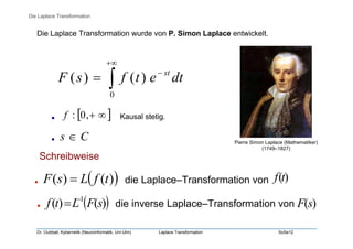 Dr. Oubbati, Kybernetik (Neuroinformatik, Uni-Ulm) Laplace Transformation SoSe12
Pierre Simon Laplace (Mathematiker)
(1749–1827)
∫
+∞
−
=
0
)()( dtetfsF st
Schreibweise
( ))()( tfLsF = die Laplace–Transformation von )(tf
die inverse Laplace–Transformation von( ))()( 1
sFLtf −
= )(sF
•
•
Cs ∈
[ ]∞+,0:f•
•
Kausal stetig.
Die Laplace Transformation
Die Laplace Transformation wurde von P. Simon Laplace entwickelt.
 