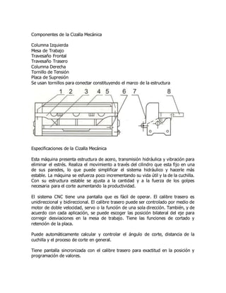 Componentes de la Cizalla Mecánica
Columna Izquierda
Mesa de Trabajo
Travesaño Frontal
Travesaño Trasero
Columna Derecha
Tornillo de Tensión
Placa de Supresión
Se usan tornillos para conectar constituyendo el marco de la estructura
Especificaciones de la Cizalla Mecánica
Esta máquina presenta estructura de acero, transmisión hidráulica y vibración para
eliminar el estrés. Realiza el movimiento a través del cilindro que esta fijo en una
de sus paredes, lo que puede simplificar el sistema hidráulico y hacerle más
estable. La máquina se esfuerza poco incrementando su vida útil y la de la cuchilla.
Con su estructura estable se ajusta a la cantidad y a la fuerza de los golpes
necesaria para el corte aumentando la productividad.
El sistema CNC tiene una pantalla que es fácil de operar. El calibre trasero es
unidireccional y bidireccional. El calibre trasero puede ser controlado por medio de
motor de doble velocidad, servo o la función de una sola dirección. También, y de
acuerdo con cada aplicación, se puede escoger las posición bilateral del eje para
corregir desviaciones en la mesa de trabajo. Tiene las funciones de cortado y
retención de la placa.
Puede automáticamente calcular y controlar el ángulo de corte, distancia de la
cuchilla y el proceso de corte en general.
Tiene pantalla sincronizada con el calibre trasero para exactitud en la posición y
programación de valores.
 