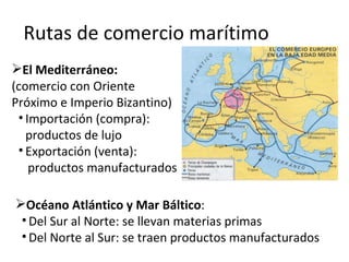 El Mediterráneo:  (comercio con Oriente Próximo e Imperio Bizantino)  Importación (compra): productos de lujo Exportación (venta):  productos manufacturados Océano Atlántico y Mar Báltico : Del Sur al Norte: se llevan materias primas Del Norte al Sur: se traen productos manufacturados Rutas de comercio marítimo  