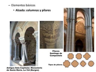 – Elementos básicos
• Alzado: columnas y pilares
Pilares
Santiago de
Compostela
Tipos de pilares
Antigua Sala Capitular. Monasterio
de Santa María. La Vid (Burgos)
 