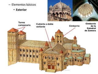– Elementos básicos
• Exterior
Cubierta a doble
vertiente Cimborrio
Torres
campanario
Cimborrio
de la
Catedral
de Zamora
 