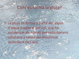Com es forma la pluja?


• La pluja es forma a partir del vapor
  d'aigua evaporat pel Sol, que ha
  condensat als núvols per refredament
  adiabàtic a causa del moviment
  ascendent de l'aire.
 