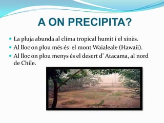 A ON PRECIPITA?
 La pluja abunda al clima tropical humit i el xinès.
 Al lloc on plou més és el mont Waialeale (Hawaii).
 Al lloc on plou menys és el desert d’ Atacama, al nord
  de Chile.
 