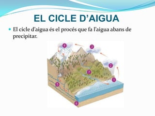 EL CICLE D’AIGUA
 El cicle d’aigua és el procés que fa l’aigua abans de
  precipitar.
 