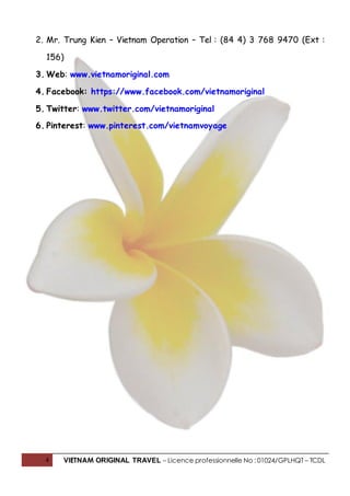 4 VIETNAM ORIGINAL TRAVEL – Licence professionnelle No : 01024/GPLHQT – TCDL
2. Mr. Trung Kien – Vietnam Operation – Tel : (84 4) 3 768 9470 (Ext :
156)
3. Web: www.vietnamoriginal.com
4. Facebook: https://www.facebook.com/vietnamoriginal
5. Twitter: www.twitter.com/vietnamoriginal
6. Pinterest: www.pinterest.com/vietnamvoyage
 
