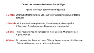 Causes des pneumonies en fonction de l'âge
Agents infectieux par ordre de fréquence
1-3 mois: Chlamydia trachomatosis, VRS, autres virus respiratoires, Bordetella
pertussis
1-24 mois: VRS, autres virus respiratoires, Pneumocoque, Haemophilus
influenzae, C.trachomatosis, Mycoplasma pneumoniae
2-5 ans: Virus respiratoires, Pneumocoque, H.influenzae, M.pneumoniae,
C.pneumoniae
6-18 ans: M.pneumoniae, Pneumocoque, Chlamydia pneumoniae, H.influenzae,
Grippe, Adénovirus, autres virus respiratoires
 