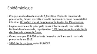 Épidémiologie
• Chaque année dans le monde 1,8 million d’enfants meurent de
pneumonie, faisant de cette maladie la première cause de mortalité
infantile. Un enfant meurt de pneumonie toutes les 25 secondes.
• La pneumonie est la principale cause infectieuse de mortalité de
l’enfant dans le monde, représentant 15% du nombre total de décès
d’enfants de moins de 5 ans.
• On estime que 935 000 enfants de moins de 5 ans sont morts de
pneumonie en 2013.
• 3400 décès par jour selon l’UNICEF.
 