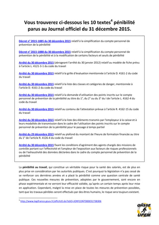 Vous trouverez ci-dessous les 10 textes4
pénibilité
parus au Journal officiel du 31 décembre 2015.
Décret n° 2015-1885 du 30 décembre 2015 relatif à la simplification du compte personnel de
prévention de la pénibilité
Décret n° 2015-1888 du 30 décembre 2015 relatif à la simplification du compte personnel de
prévention de la pénibilité et à la modification de certains facteurs et seuils de pénibilité
Arrêté du 30 décembre 2015 (abrogeant l'arrêté du 30 janvier 2012) relatif au modèle de fiche prévu
à l'article L. 4121-3-1 du code du travail
Arrêté du 30 décembre 2015 relatif à la grille d'évaluation mentionnée à l'article D. 4161-2 du code
du travail
Arrêté du 30 décembre 2015 relatif à la liste des classes et catégories de danger, mentionnée à
l'article D. 4161-2 du code du travail
Arrêté du 30 décembre 2015 relatif à la demande d'utilisation des points inscrits sur le compte
personnel de prévention de la pénibilité au titre du 1°, du 2° ou du 3° du I de l'article L. 4162-4 du
code du travail
Arrêté du 30 décembre 2015 relatif au contenu de l'attestation prévue à l'article R. 4162-15 du code
du travail
Arrêté du 30 décembre 2015 relatif à la liste des éléments transmis par l'employeur à la caisse et à
leurs modalités de transmission dans le cadre de l'utilisation des points inscrits sur le compte
personnel de prévention de la pénibilité pour le passage à temps partiel
Arrêté du 29 décembre 2015 relatif au plafond du montant de l'heure de formation financée au titre
du 1° de l'article R. 4126-4 du code du travail
Arrêté du 30 décembre 2015 fixant les conditions d'agrément des agents chargés des missions de
contrôle portant sur l'effectivité et l'ampleur de l'exposition aux facteurs de risques professionnels
ou de l'exhaustivité des données déclarées dans le cadre du compte personnel de prévention de la
pénibilité
La pénibilité au travail, qui constitue un véritable risque pour la santé des salariés, est de plus en
plus prise en considération par les autorités publiques. C’est pourquoi la législation n’a pas cessé de
se renforcer ces dernières années et a placé la pénibilité comme une question centrale de santé
publique. Ces nouvelles mesures de prévention, adoptées par le gouvernement, sont encore en
phase expérimentale et ne verront leur efficacité validée, qu’après un certain temps après leur mise
en application. Cependant, malgré la mise en place de toutes les mesures de prévention possibles,
tant que les travaux pénibles seront effectués par des êtres humains, le risque sera toujours existant.
4
http://www.legifrance.gouv.fr/affichJO.do?idJO=JORFCONT000031738306
 