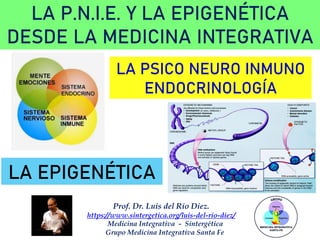Prof. Dr. Luis del Rio Diez.
https://www.sintergetica.org/luis-del-rio-diez/
Medicina Integrativa - Sintergética
Grupo Medicina Integrativa Santa Fe
LA P.N.I.E. Y LA EPIGENÉTICA
DESDE LA MEDICINA INTEGRATIVA
LA PSICO NEURO INMUNO
ENDOCRINOLOGÍA
LA EPIGENÉTICA
 