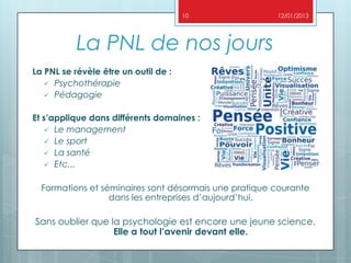 10               12/01/2013




           La PNL de nos jours
La PNL se révèle être un outil de :
    Psychothérapie
   ...