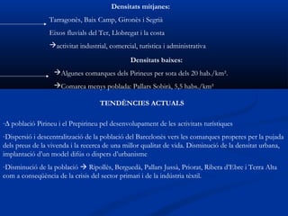 Densitats mitjanes:
                 Tarragonès, Baix Camp, Gironès i Segrià
                 Eixos fluvials del Ter, Llobregat i la costa
                 activitat industrial, comercial, turística i administrativa

                                                Densitats baixes:
                  Algunes comarques dels Pirineus per sota dels 20 hab./km².
                  Comarca menys poblada: Pallars Sobirà, 5,5 habs./km²

                                    TENDÈNCIES ACTUALS

-∆ població Pirineu i el Prepirineu pel desenvolupament de les activitats turístiques
-Dispersió i descentralització de la població del Barcelonès vers les comarques properes per la pujada
dels preus de la vivenda i la recerca de una millor qualitat de vida. Disminució de la densitat urbana,
implantació d’un model difús o dispers d’urbanisme
-Disminució de la població  Ripollès, Berguedà, Pallars Jussà, Priorat, Ribera d’Ebre i Terra Alta
com a conseqüència de la crisis del sector primari i de la indústria tèxtil.
 
