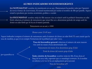 ALTRES INDICADORS SOCIODEMOGRÀFICS
           LA NUPCIALITAT: nombre de matrimonis en un any. Darrerament ha perdut valor per l’aparició
           de noves formes de convivència. El retard matrimonial pot reduir el nombre de fills per parella. Aquest
           retard es produeix per motius econòmics, polítics o socials.

           LA FECUNDITAT: nombre mitjà de fills nascuts vius en relació amb la població femenina en edat
           fèrtil, relaciona el número de neixements que tenen lloc en u determinat període de temps amb les
           dones en edat fèrtil que hi ha en el mateix període.
                                    Naixements en un any x 1000


                                       Dones entre 15-49 anys
Aquest indicador compara el número de naixements amb el número de dones en edat fèrtil. És més exacte que la
taxa de natalitat, ja que té en compte l’estructura de la població per edat i sexe.
                                        Taxa de fencunditat general: relaciona el número de nens nascuts
                                        vius amb les mares d’una determinada edat
                                              Naixements de mares d’un determinat grup d’edat
                                                     Total de dones del mateix grup d’edat
pot quantifica-se
                                       Índex sintètic de fecunditat: nombre mitjà de fills d’una dona al
                                       llarg de la seva vida, suposant que es mantingui constant. Si el resultat
                                       és inferior a 2,1 no hi ha un replaçament generacional.
                                                               Taxa de fecunditat x35
                                                                       1000
 