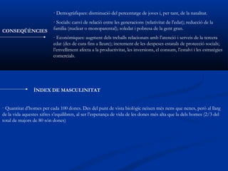 · Demogràfiques: disminució del percentatge de joves i, per tant, de la natalitat.
                           · Socials: canvi de relació entre les generacions (relativitat de l’edat); reducció de la
                           família (nuclear o monoparental); soledat i pobresa de la gent gran.
CONSEQÜÈNCIES
                           · Econòmiques: augment dels treballs relacionats amb l’atenció i serveis de la tercera
                           edat (des de cura fins a lleure); increment de les despeses estatals de protecció socials;
                           l’envelliment afecta a la productivitat, les inversions, el consum, l’estalvi i les estratègies
                           comercials.




                ÍNDEX DE MASCULINITAT


· Quantitat d’homes per cada 100 dones. Des del punt de vista biològic neixen més nens que nenes, però al llarg
de la vida aquestes xifres s’equilibren, al ser l’esperança de vida de les dones més alta que la dels homes (2/3 del
total de majors de 80 són dones)
 