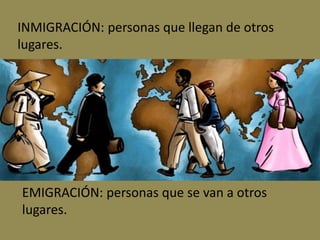 INMIGRACIÓN: personas que llegan de otros
lugares.
EMIGRACIÓN: personas que se van a otros
lugares.
 