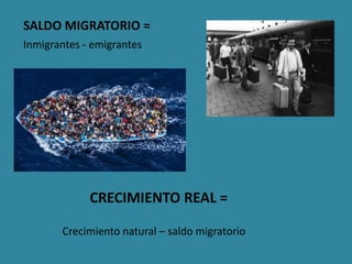 SALDO MIGRATORIO =
Inmigrantes - emigrantes
CRECIMIENTO REAL =
Crecimiento natural – saldo migratorio
 