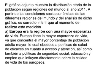 El gráfico adjunto muestra la distribución etaria de la
población según regiones del mundo al año 2011. A
partir de las condiciones socioeconómicas de las
diferentes regiones del mundo y del análisis de dicho
gráfico, es correcto inferir que al momento de
realizar esta medición
a) Europa era la región con una mayor esperanza
de vida. Europa tiene la mayor esperanza de vida,
ya que concentra el mayor porcentaje de población
adulta mayor, lo cual obedece a políticas de salud
de eficaces en cuanto a acceso y atención, así como
también a políticas de seguridad social, educación y
empleo que influyen directamente sobre la calidad
de vida de los europeos.
 