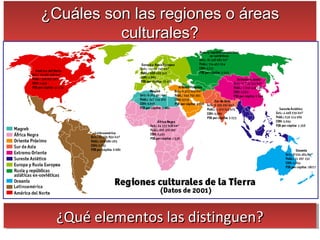 ¿Cuáles son las regiones o áreas¿Cuáles son las regiones o áreas
culturales?culturales?
¿Cuáles son las regiones o áreas¿Cuáles son las regiones o áreas
culturales?culturales?
¿Qué elementos las distinguen?¿Qué elementos las distinguen?¿Qué elementos las distinguen?¿Qué elementos las distinguen?
 