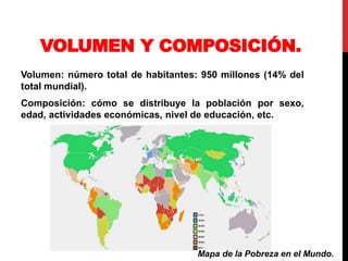 VOLUMEN Y COMPOSICIÓN.
Volumen: número total de habitantes: 950 millones (14% del
total mundial).
Composición: cómo se distribuye la población por sexo,
edad, actividades económicas, nivel de educación, etc.
Mapa de la Pobreza en el Mundo.
 