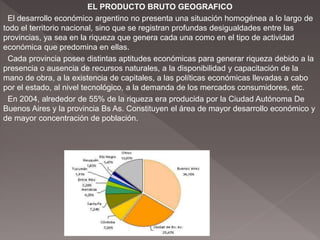 EL PRODUCTO BRUTO GEOGRAFICO
El desarrollo económico argentino no presenta una situación homogénea a lo largo de
todo el territorio nacional, sino que se registran profundas desigualdades entre las
provincias, ya sea en la riqueza que genera cada una como en el tipo de actividad
económica que predomina en ellas.
Cada provincia posee distintas aptitudes económicas para generar riqueza debido a la
presencia o ausencia de recursos naturales, a la disponibilidad y capacitación de la
mano de obra, a la existencia de capitales, a las políticas económicas llevadas a cabo
por el estado, al nivel tecnológico, a la demanda de los mercados consumidores, etc.
En 2004, alrededor de 55% de la riqueza era producida por la Ciudad Autónoma De
Buenos Aires y la provincia Bs As. Constituyen el área de mayor desarrollo económico y
de mayor concentración de población.
 