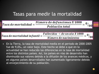 En la Tierra, la tasa de mortalidad media en el periodo de 2000-2005 fue de 9,0‰, un valor bajo. Este hecho se debe a que en la actualidad se han reducido las diferencias en la tasa de mortalidad entre los distintos países. Así, los países en vías de desarrollo han disminuido sus valores debido a la difusión de los avances médicos, y en algunos países desarrollados han aumentado ligeramente debido al envejecimiento de su población. Tasas para medir la mortalidad 