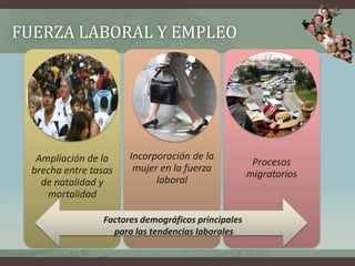 FUERZA LABORAL Y EMPLEO
Ampliación de la
brecha entre tasas
de natalidad y
mortalidad
Incorporación de la
mujer en la fuerza
laboral
Procesos
migratorios
Factores demográficos principales
para las tendencias laborales
 
