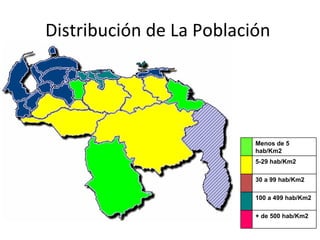 Distribución de La Población  Menos de 5 hab/Km2 5-29 hab/Km2 30 a 99 hab/Km2  100 a 499 hab/Km2 + de 500 hab/Km2 