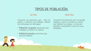 TIPOS DE POBLACIÓN.
ACTIVA
Conjunto de personas que esta en
edad y condición de trabajar, dentro
de este grupo se distingue:
 Población ocupada: personas que
trabajan y reciben un salario
 Población parada: personas que
buscan trabajo.
INACTIVA
Conjunto de personas que no puede
trabajar o que no recibe un salario
por realizar su trabajo. Como por
ejemplo: estudiantes, ama de casa,
jubilados…
 