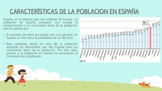 CARACTERÍSTICAS DE LA POBLACION EN ESPAÑA
España, es el séptimo país mas poblado de Europa. La
población de España comparte con europa el
envejecimiento y el crecimiento lento de la población,
esto es debido por:
 El aumento de edad que puede vivir una persona: en
España un niño tiene la posibilidad de vvir 80 años
 Baja natalidad: desde los años 80, la población
española ha descendido, por ello España tiene un
crecimiento lento de la población. Por otro lado,
gracias a la imigración en España ha aumentado el
crcimiento de la población
 