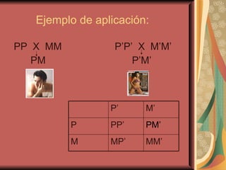 Ejemplo de aplicación: PP  X  MM  P’P’  X  M’M’ PM  P’M’  P’ M’ P PP’ PM’ M MP’ MM’ 