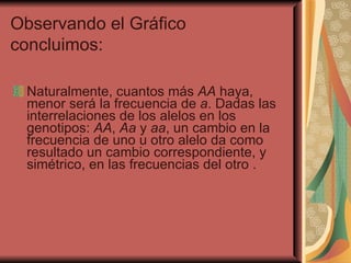 Naturalmente, cuantos más  AA  haya, menor será la frecuencia de  a . Dadas las interrelaciones de los alelos en los genotipos:  AA ,  Aa  y  aa , un cambio en la frecuencia de uno u otro alelo da como resultado un cambio correspondiente, y simétrico, en las frecuencias   del otro . Observando el Gráfico concluimos: 