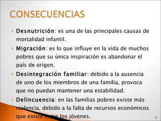 Desnutrición : es una de las principales causas de mortalidad infantil. Migración : es lo que influye en la vida de muchos pobres que su única inspiración es abandonar el país de origen. Desintegración familiar : debido a la ausencia de uno de los miembros de una familia, provoca que no puedan mantener una estabilidad. Delincuencia : en las familias pobres existe más violencia, debido a la falta de recursos económicos que existe entre los jóvenes.  