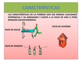 CARACTERÍSTICAS
LAS CARACTERÍSTICAS DE LA POBREZA SON SUS MISMAS CUALIDADES
INTRÍNSECAS Y VA ARRAIGADO Y SUJETA A LA FALTA DE UNO U OTRO
RENGLÓN SOCIOECONÓMICO.
FALTA DE VIVIENDA
FALTA DE SALUD
FALTA DE INGRESO
 