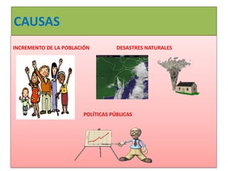 CAUSAS
INCREMENTO DE LA POBLACIÓN DESASTRES NATURALES
POLÍTICAS PÚBLICAS
 