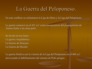 La Guerra del Peloponeso.
En este conflicto se enfrentaron la Liga de Delos y la Liga del Peloponeso.

La guerra comenzó en el 431 a.C como consecuencia del protagonismo de
Atenas frente a las otras polis.

Se divide en tres fases:
La guerra Arquidámica
La Guerra de Siracusa.
La Guerra de Decelia

La guerra finaliza con la victoria de la Liga del Peloponeso en el 404 a.C
provocando el debilitamiento del sistema de Polis griegas.
 