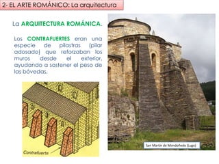La ARQUITECTURA ROMÁNICA.
Los CONTRAFUERTES eran una
especie de pilastras (pilar adosado)
que reforzaban los muros desde el
exterior, ayudando a sostener el
peso de las bóvedas.
San Martín de Mondoñedo (Lugo)
2- EL ARTE ROMÁNICO: La arquitectura
fueradeclase-vdp.blogspot.com
 