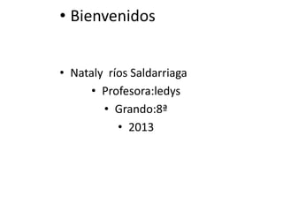 • Bienvenidos
• Nataly ríos Saldarriaga
• Profesora:ledys
• Grando:8ª
• 2013

 