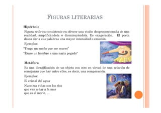 FIGURAS LITERARIAS
Hipérbole
Figura retórica consistente en ofrecer una visión desproporcionada de una
realidad, amplificándola o disminuyéndola. Es exageración. El poeta
desea dar a sus palabras una mayor intensidad o emoción.
Ejemplos:
“Tengo un sueño que me muero”
“Érase un hombre a una nariz pegado”


Metáfora
Es una identificación de un objeto con otro en virtud de una relación de
semejanza que hay entre ellos, es decir, una comparación.
Ejemplos:
El cristal del agua
Nuestras vidas son los ríos
que van a dar a la mar
que es el morir. . .
 