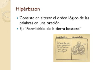 Hipérbaton 
Consiste en alterar el orden lógico de las palabras en una oración. 
Ej.: “Formidable de la tierra bostezo”  