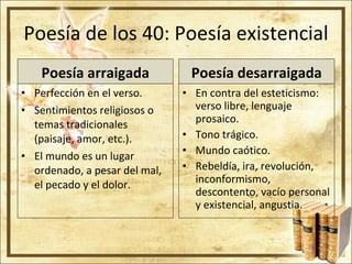 Poesía de los 40: Poesía existencial Poesía arraigada Perfección en el verso. Sentimientos religiosos o temas tradicionales (paisaje, amor, etc.). El mundo es un lugar ordenado, a pesar del mal, el pecado y el dolor. Poesía desarraigada En contra del esteticismo: verso libre, lenguaje prosaico. Tono trágico. Mundo caótico. Rebeldía, ira, revolución, inconformismo, descontento, vacío personal y existencial, angustia. 